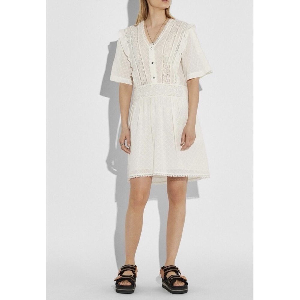Coach 1941 Broderie Anglaise Cream Lace Mini Dress in Designer Cotton, Size 4